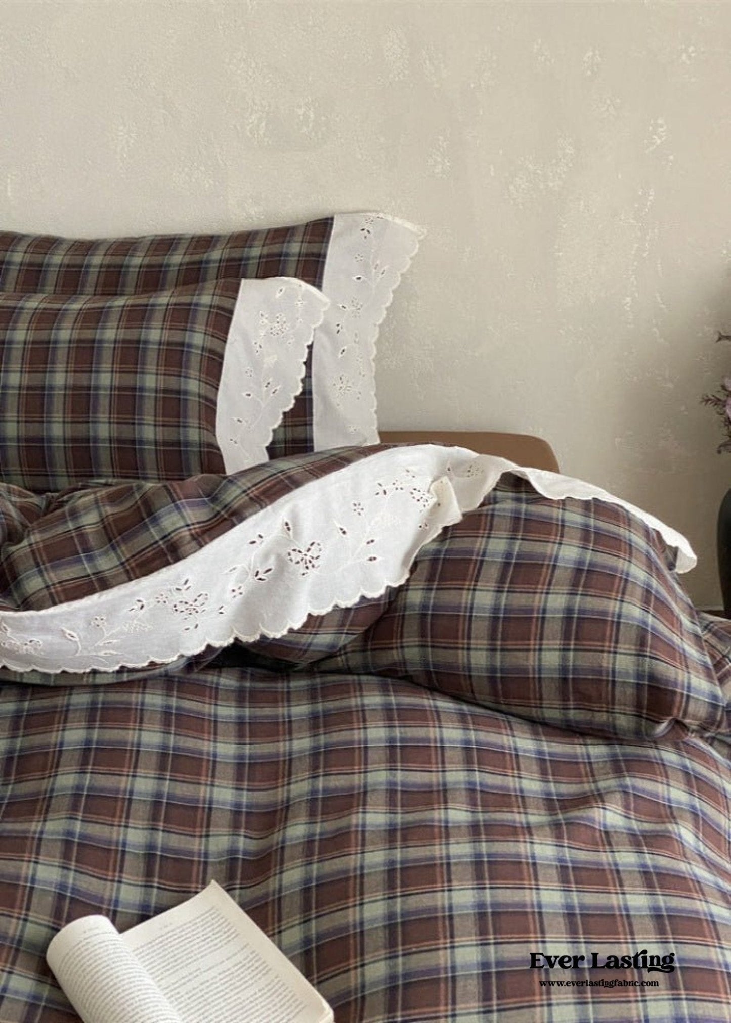 June Lace Double Gauze Gingham Bedding Set / Khaki