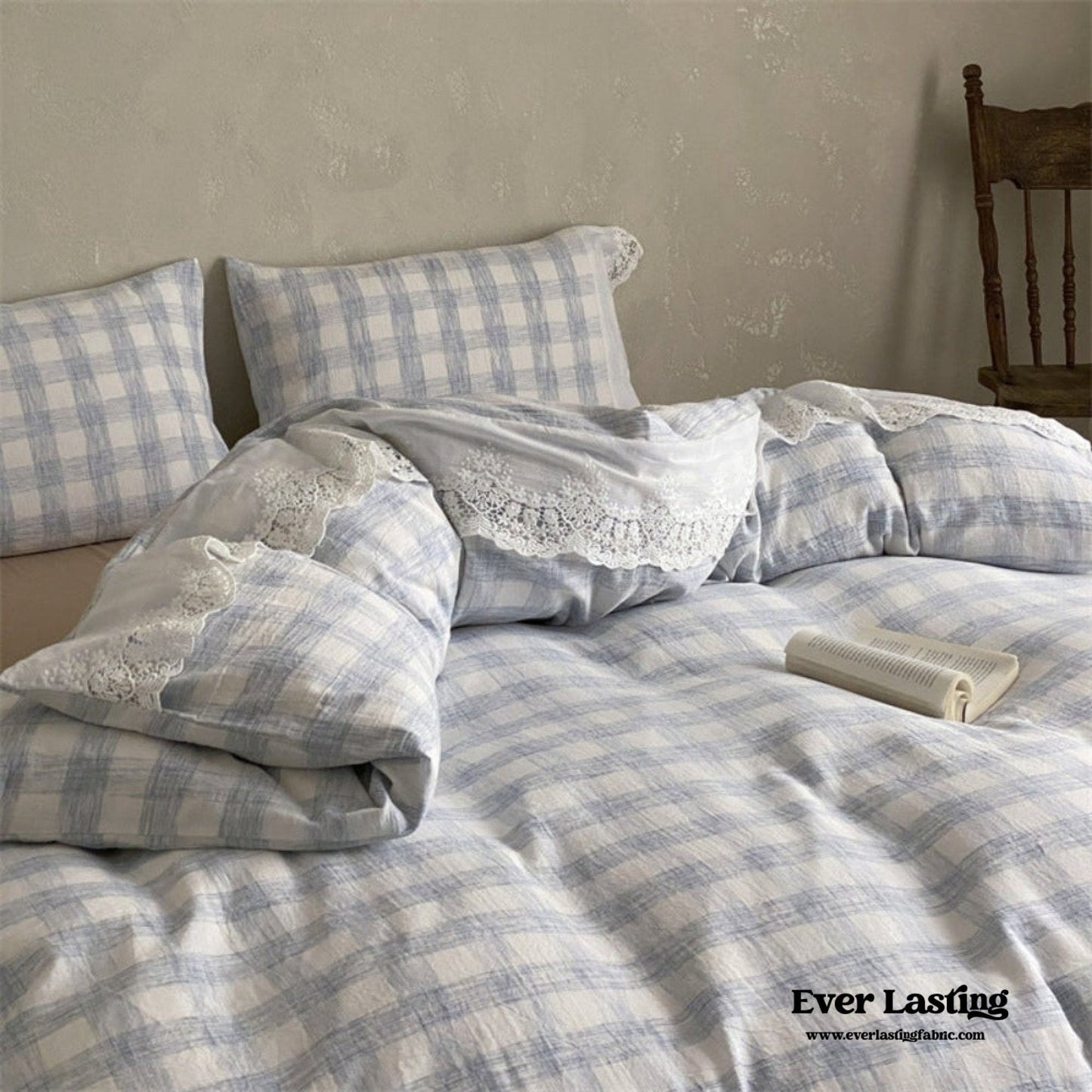 June Lace Double Gauze Gingham Bedding Set / Khaki