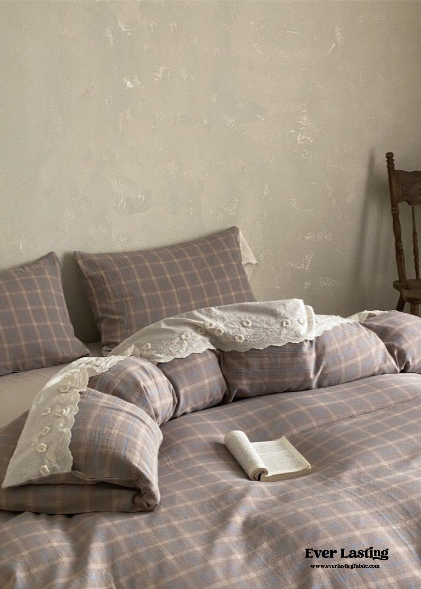 June Lace Double Gauze Gingham Bedding Set / Khaki