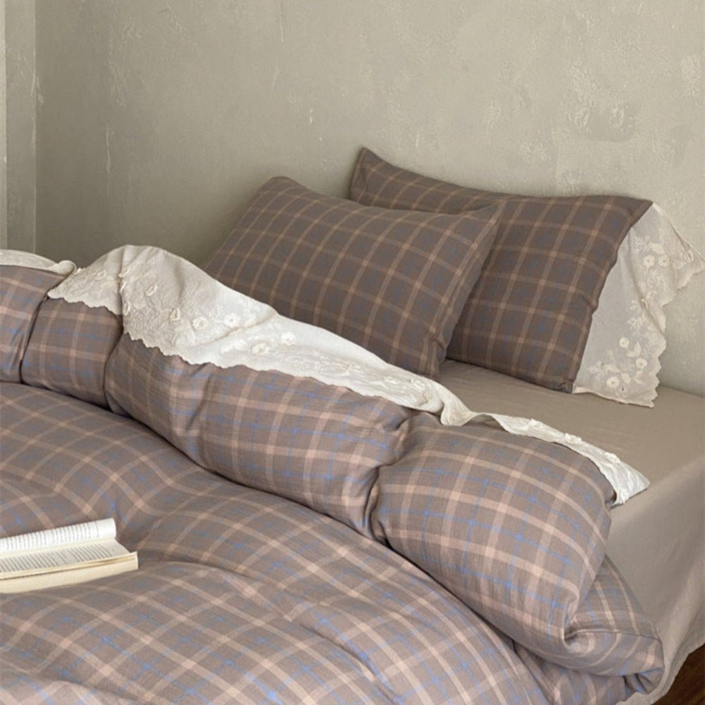 June Lace Double Gauze Gingham Bedding Set / Khaki