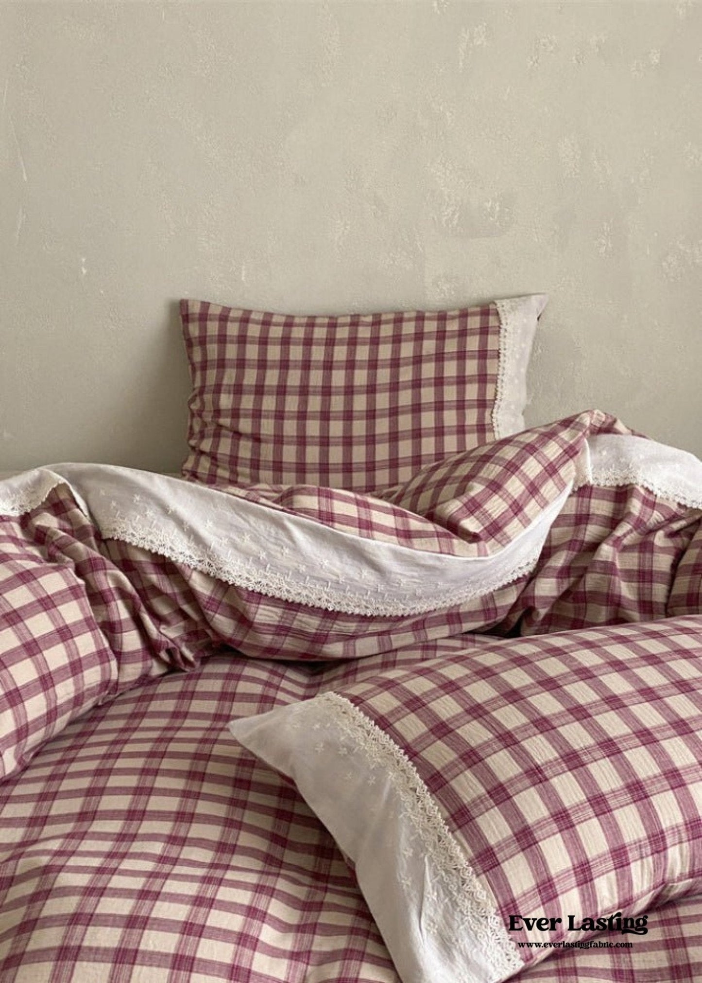 June Lace Double Gauze Gingham Bedding Set / Khaki