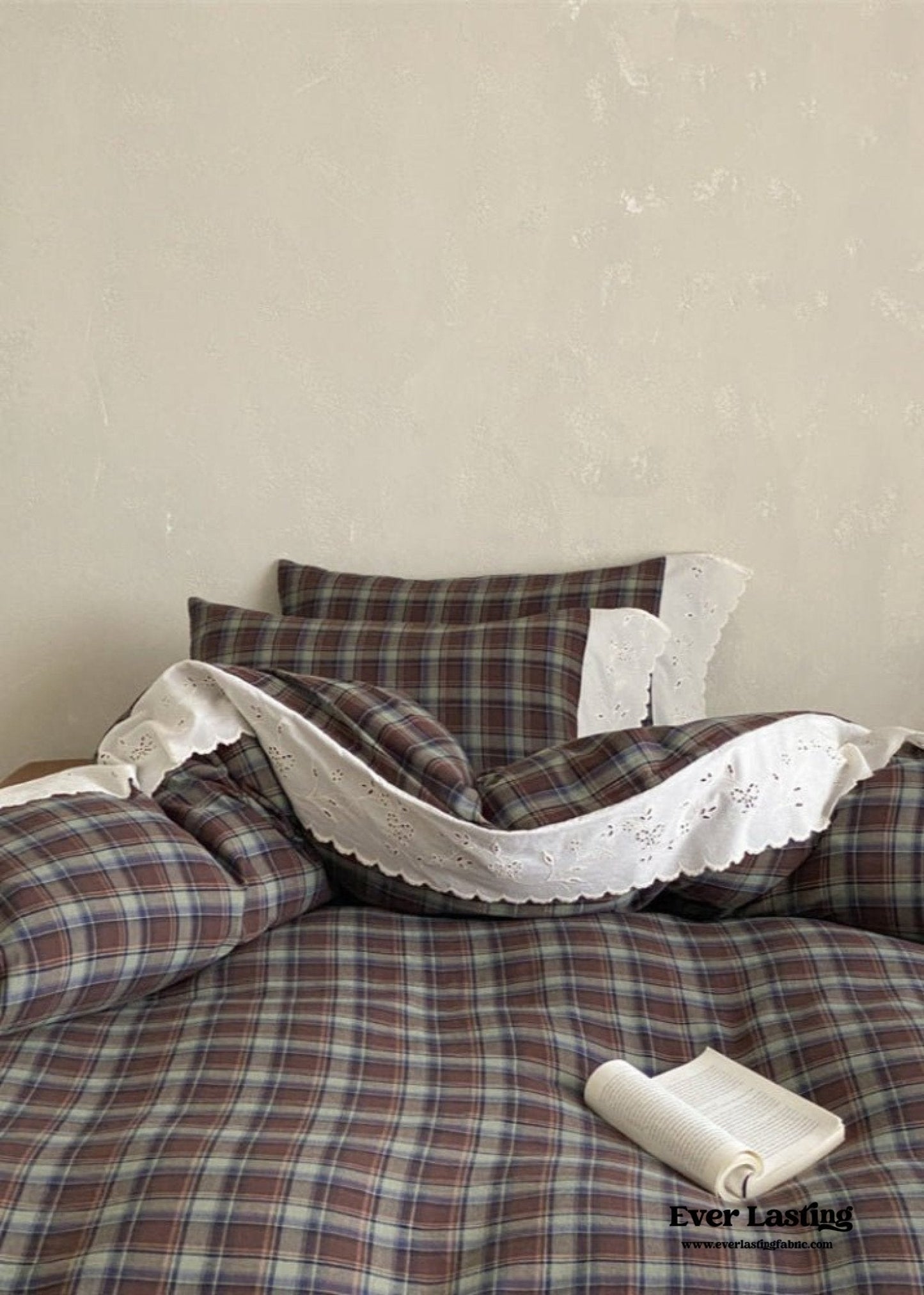 June Lace Double Gauze Gingham Bedding Set / Khaki