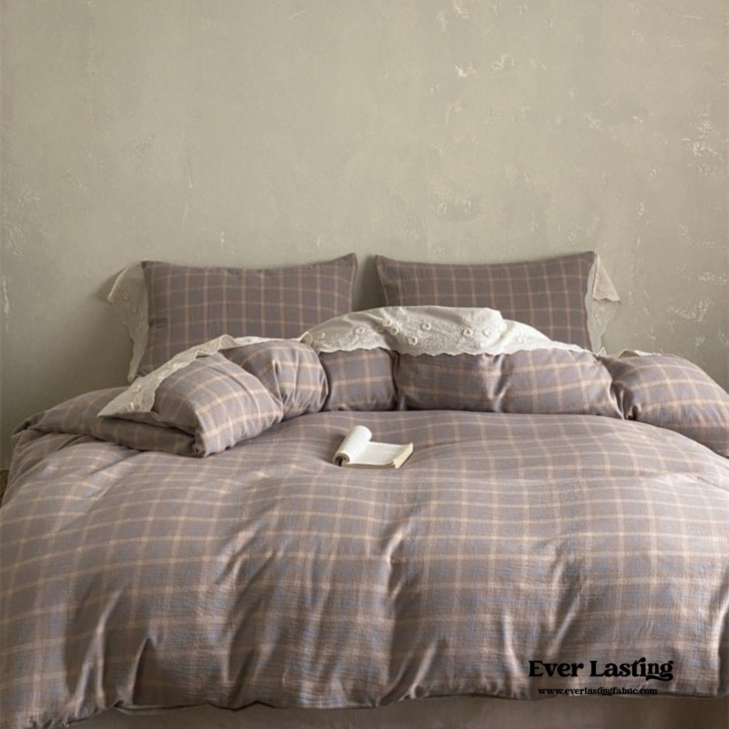 June Lace Double Gauze Gingham Bedding Set / Khaki