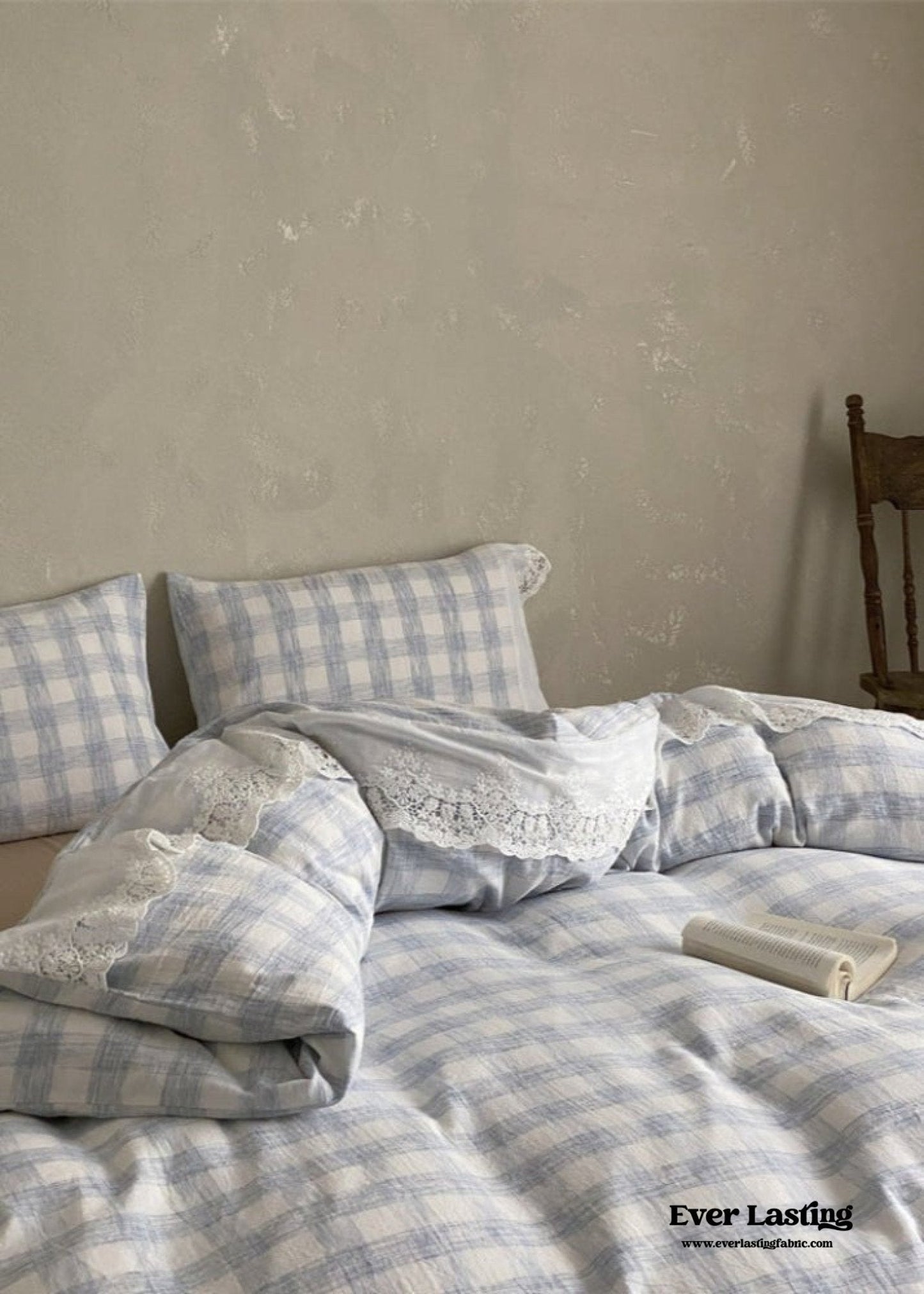June Lace Double Gauze Gingham Bedding Set / Khaki