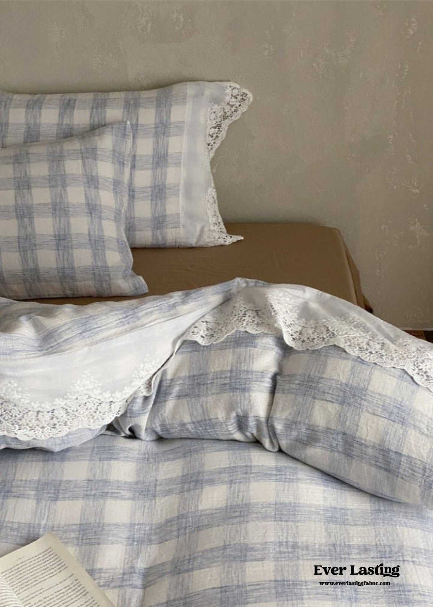 June Lace Double Gauze Gingham Bedding Set / Khaki