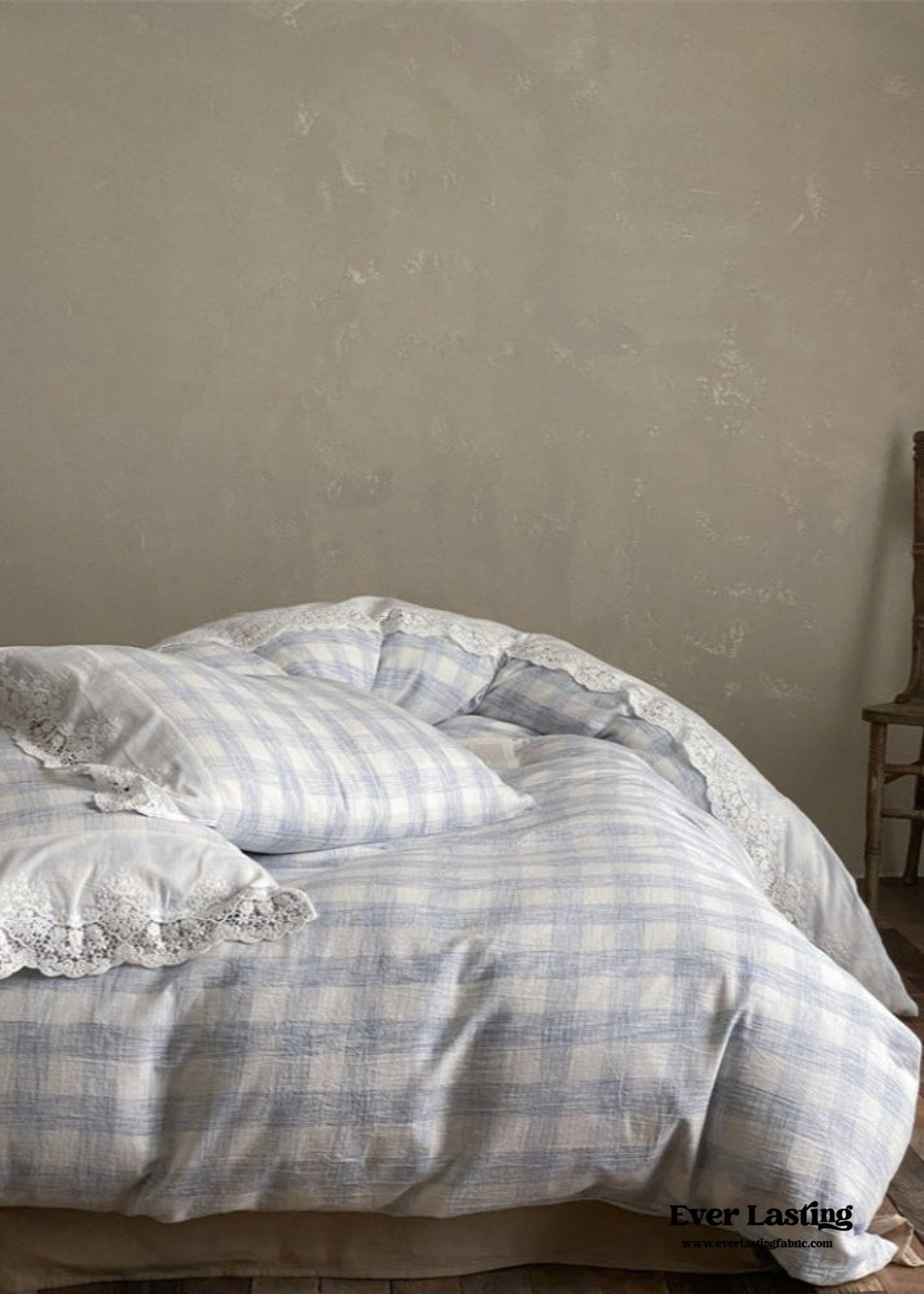 June Lace Double Gauze Gingham Bedding Set / Khaki