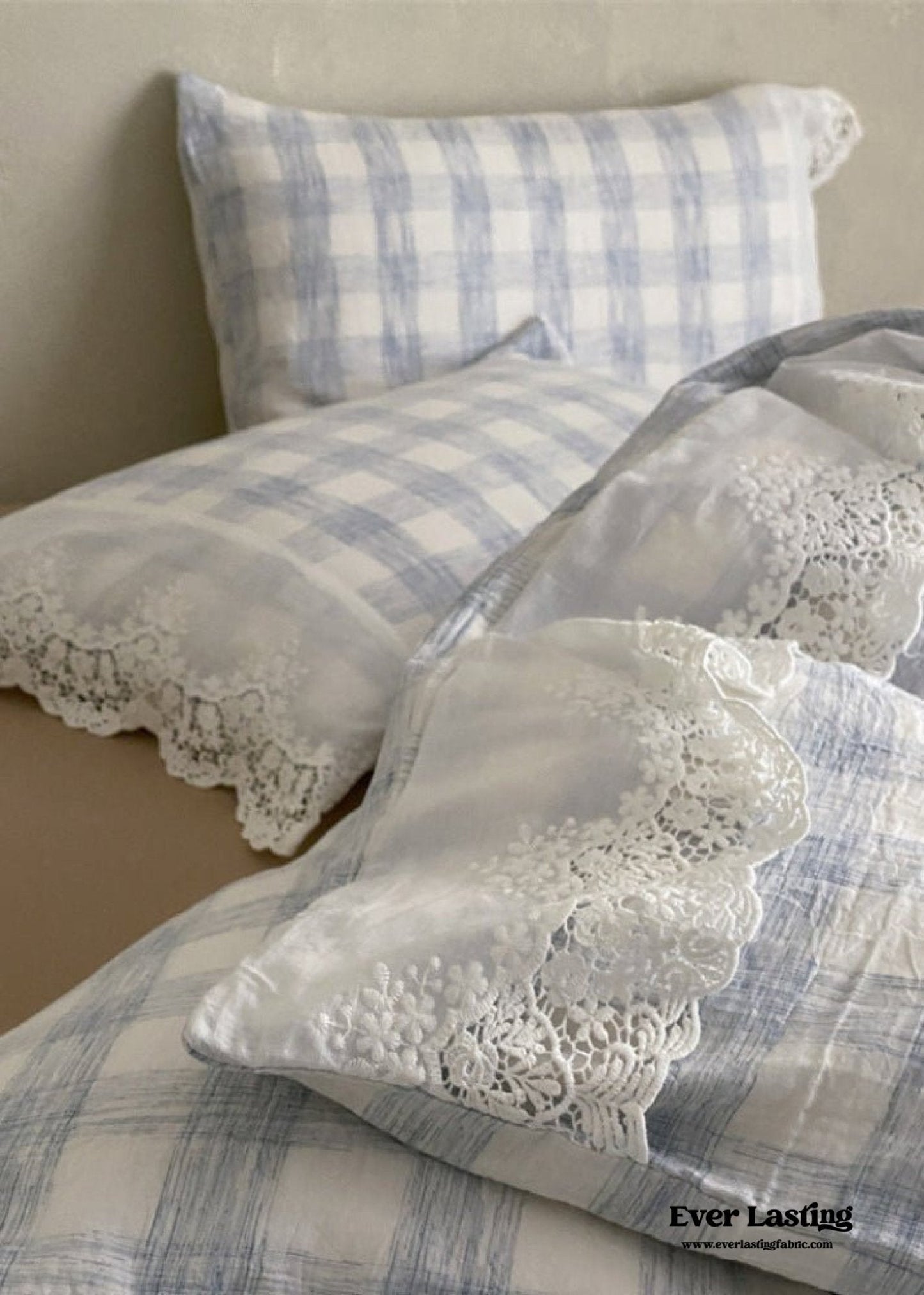 June Lace Double Gauze Gingham Bedding Set / Khaki