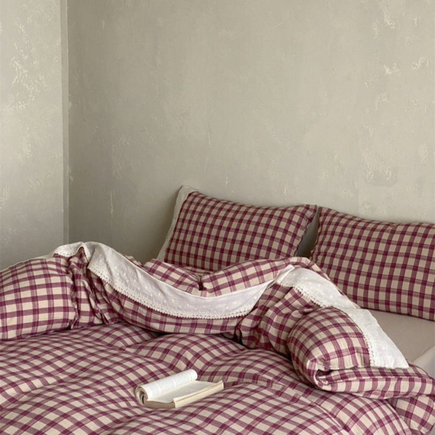 June Lace Double Gauze Gingham Bedding Set / Khaki