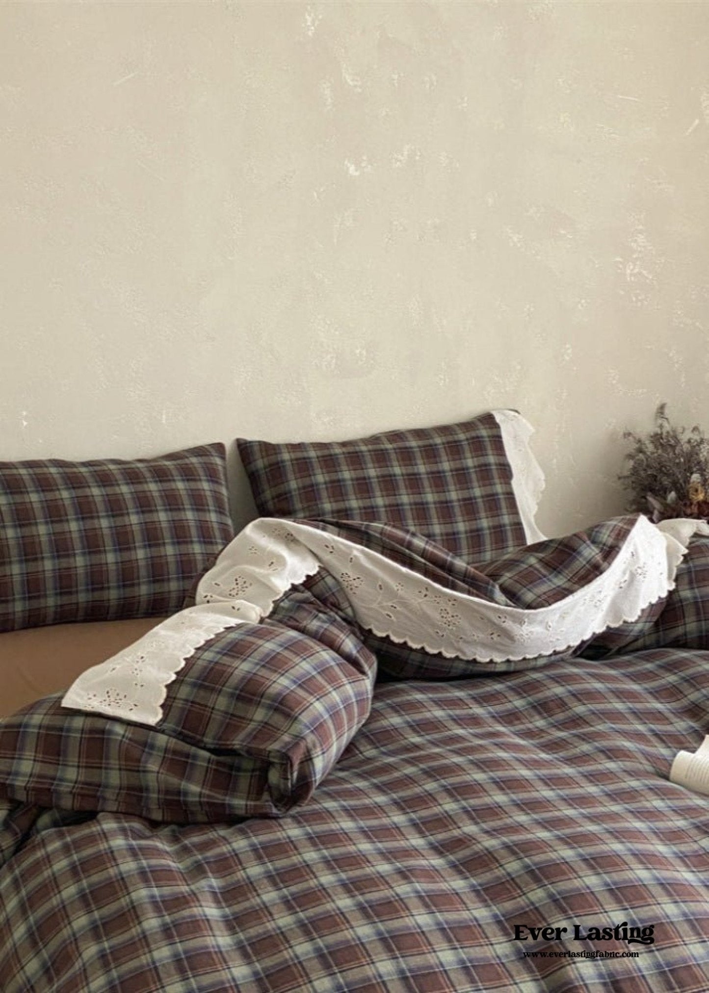 June Lace Double Gauze Gingham Bedding Set / Khaki