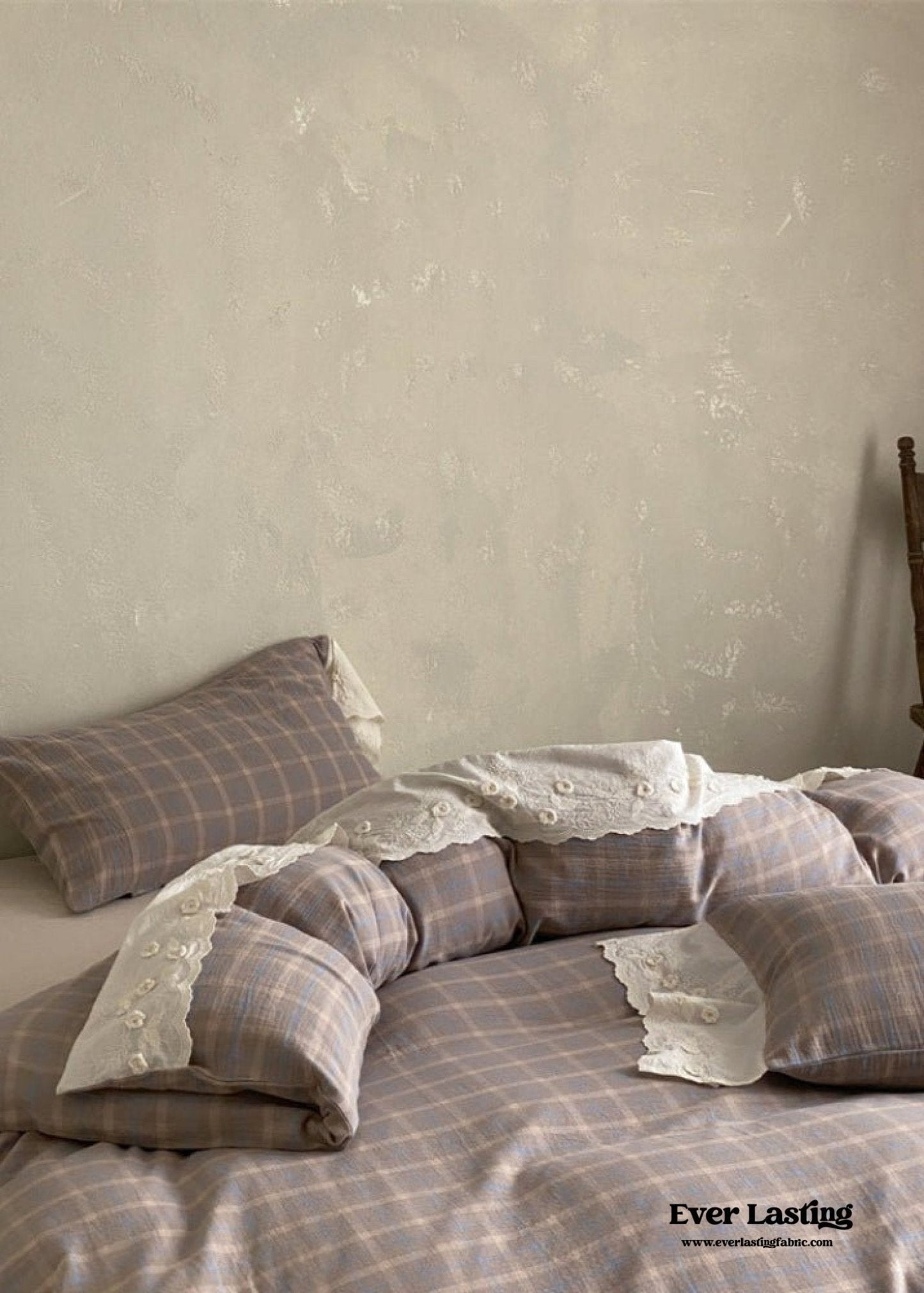 June Lace Double Gauze Gingham Bedding Set / Khaki