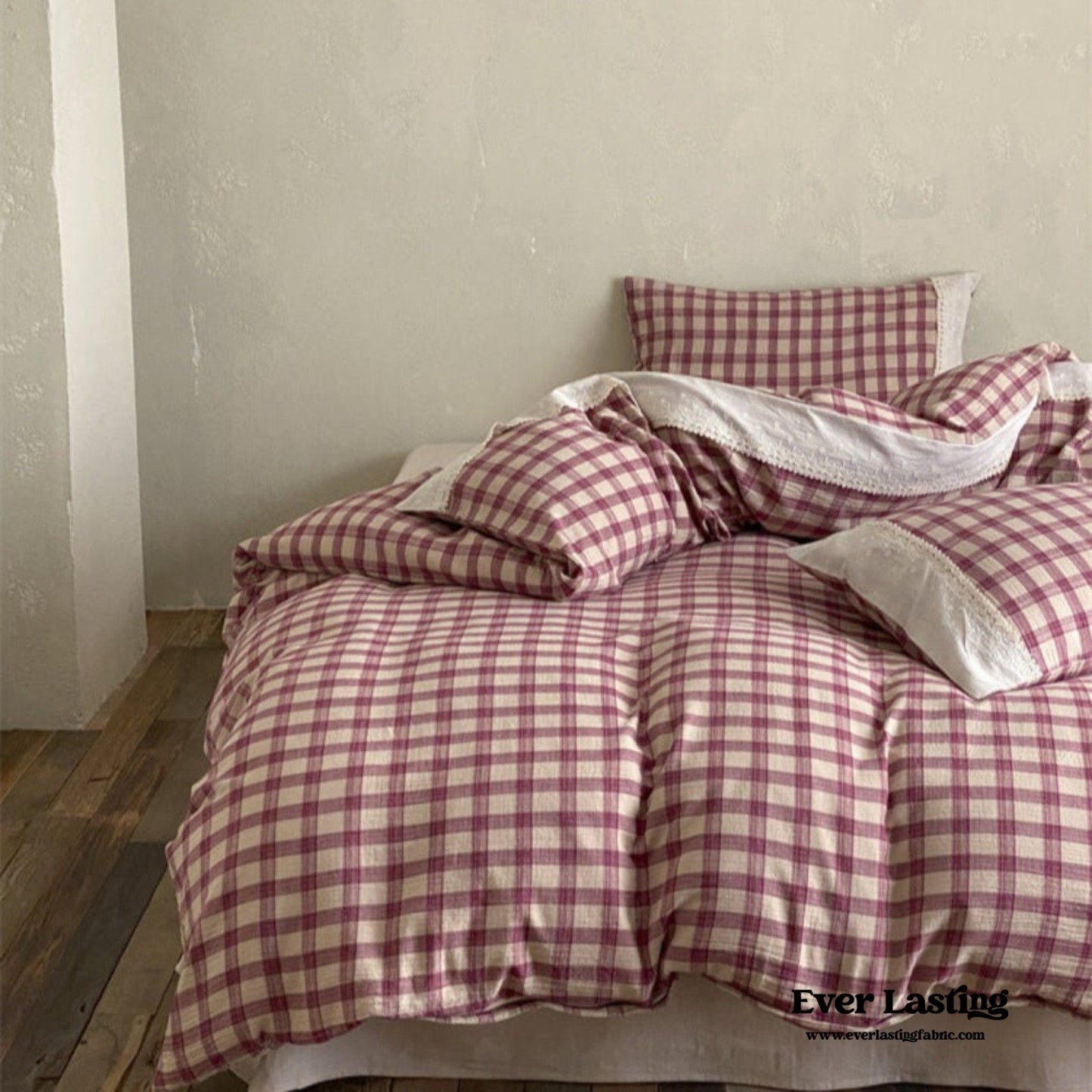June Lace Double Gauze Gingham Bedding Set / Khaki