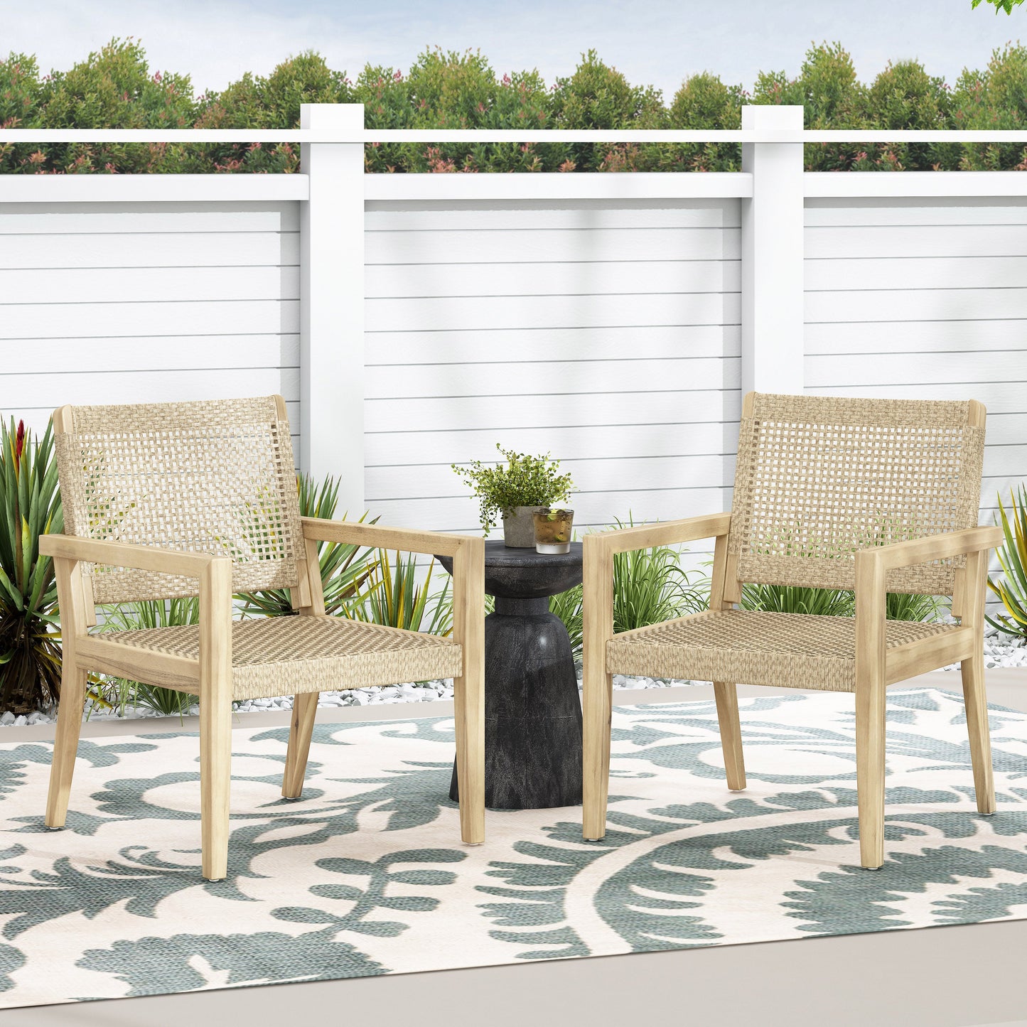 Outdoor Wicker and Acacia Wood Club Chairs - Set of 2