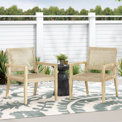 Outdoor Wicker and Acacia Wood Club Chairs - Set of 2