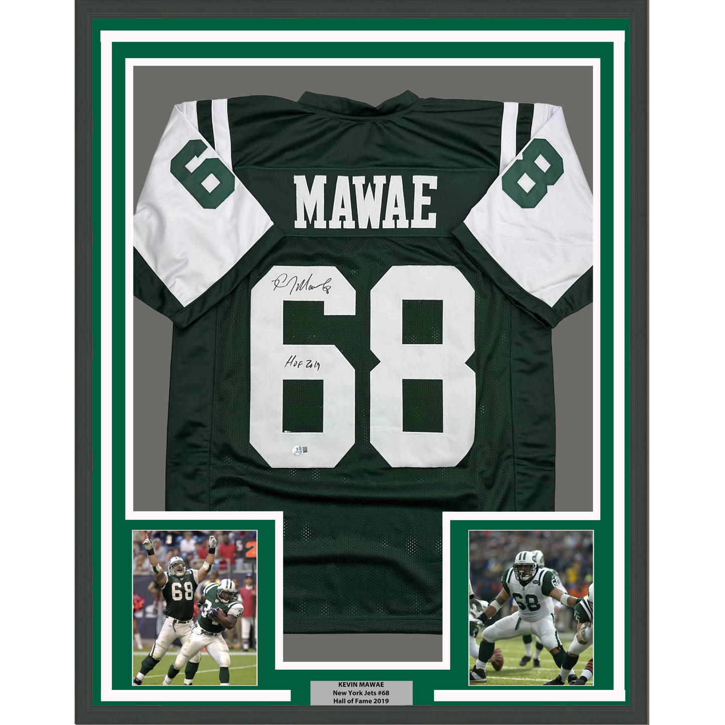 Framed Autographed/Signed Kevin Mawae 35x39 HOF 2019 New York Green Football Jersey Beckett BAS COA