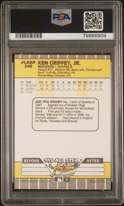 Graded 1989 Fleer Ken Griffey Jr. #548 Rookie RC Baseball Card PSA 10 Auto Grade Gem Mint