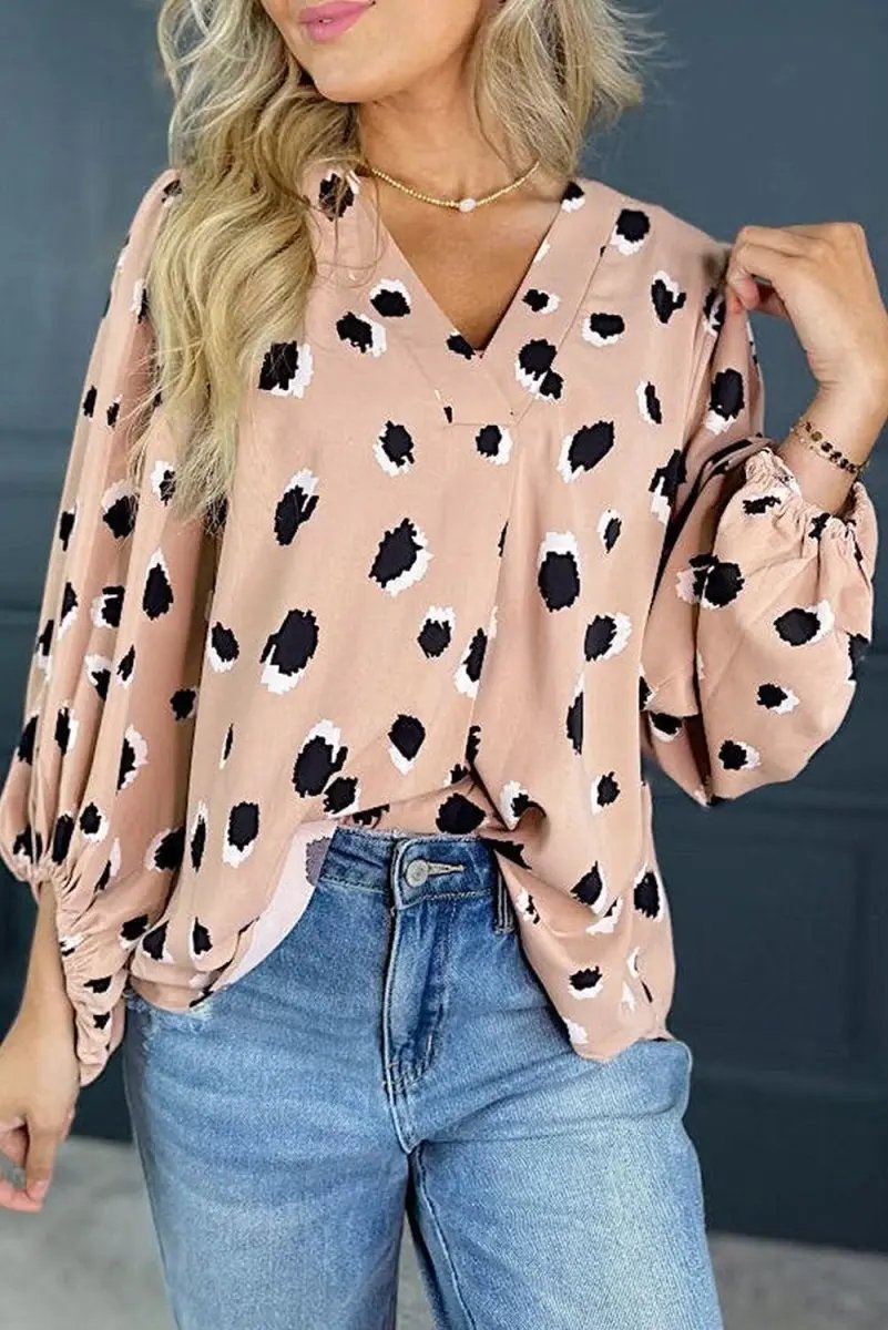 Tops/Blouses & Shirts Love Salve Khaki Leopard V-Neck Women's Blouse Casual Top, Bracelet Sleeves