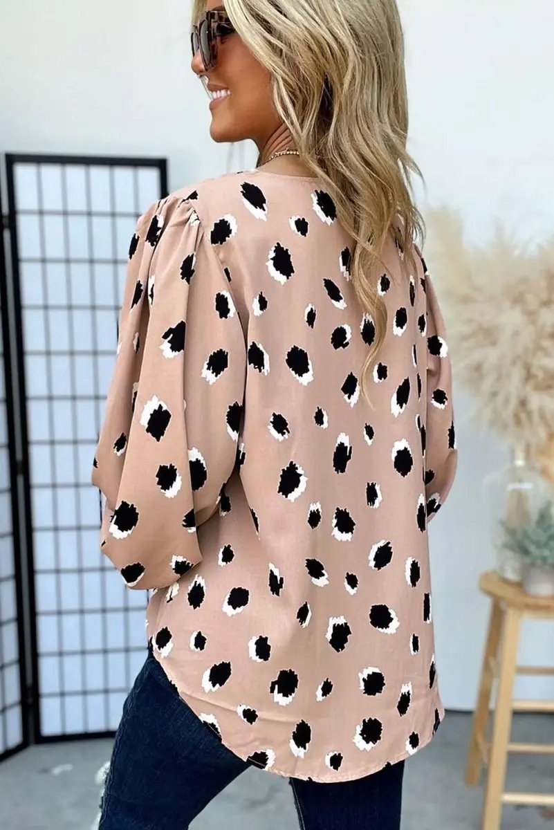 Tops/Blouses & Shirts Love Salve Khaki Leopard V-Neck Women's Blouse Casual Top, Bracelet Sleeves