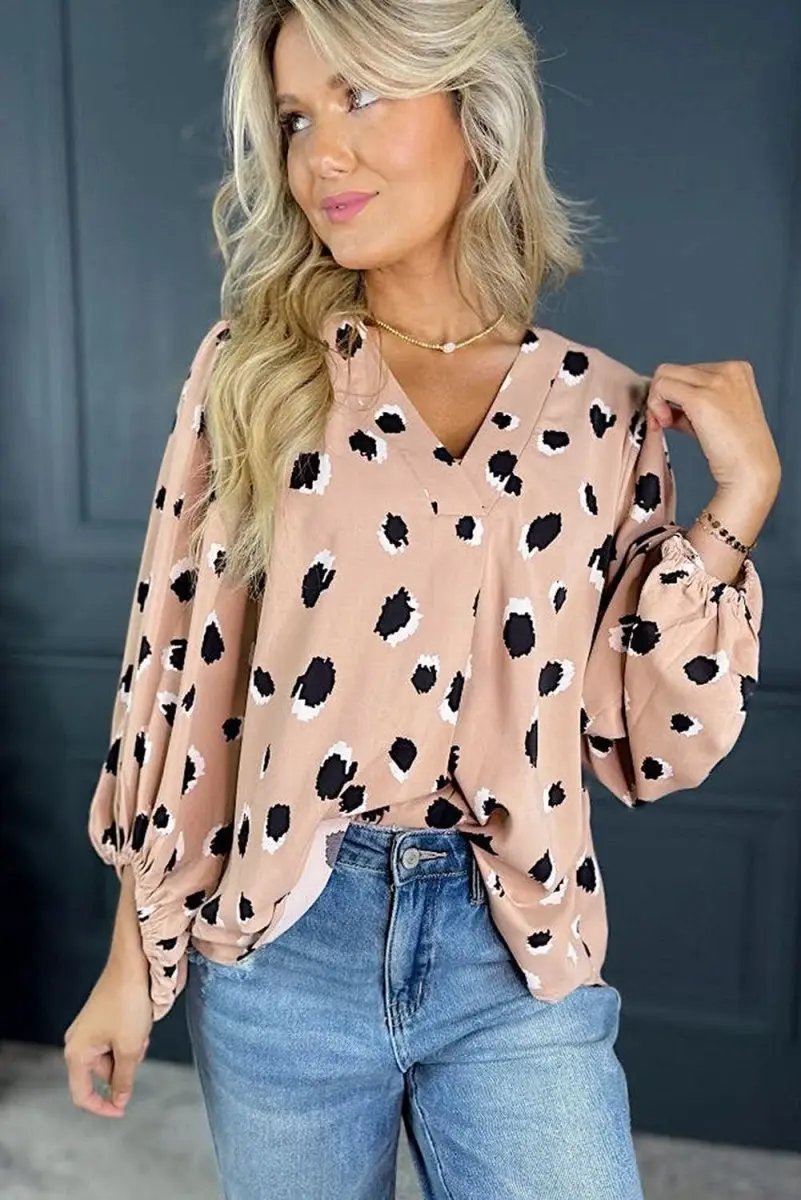 Tops/Blouses & Shirts Love Salve Khaki Leopard V-Neck Women's Blouse Casual Top, Bracelet Sleeves