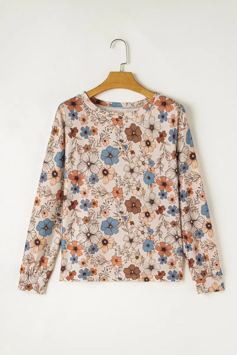 T-Shirts Love Salve Khaki Floral Women's Everyday Tee Long Sleeve Crew Neck Soft & Comfy