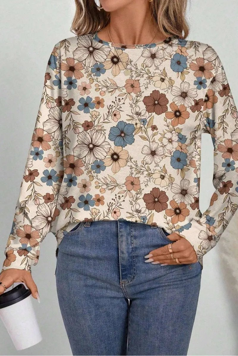 T-Shirts Love Salve Khaki Floral Women's Everyday Tee Long Sleeve Crew Neck Soft & Comfy