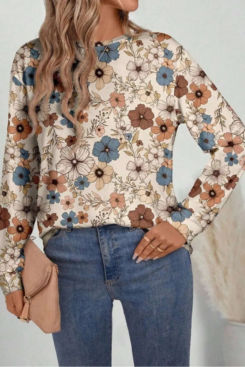T-Shirts Love Salve Khaki Floral Women's Everyday Tee Long Sleeve Crew Neck Soft & Comfy