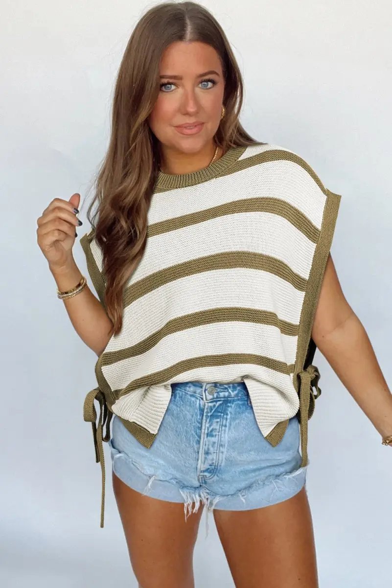 Sweaters Love Salve Khaki Stripe Sweater Women's Daily Knit Top Open Side Casual