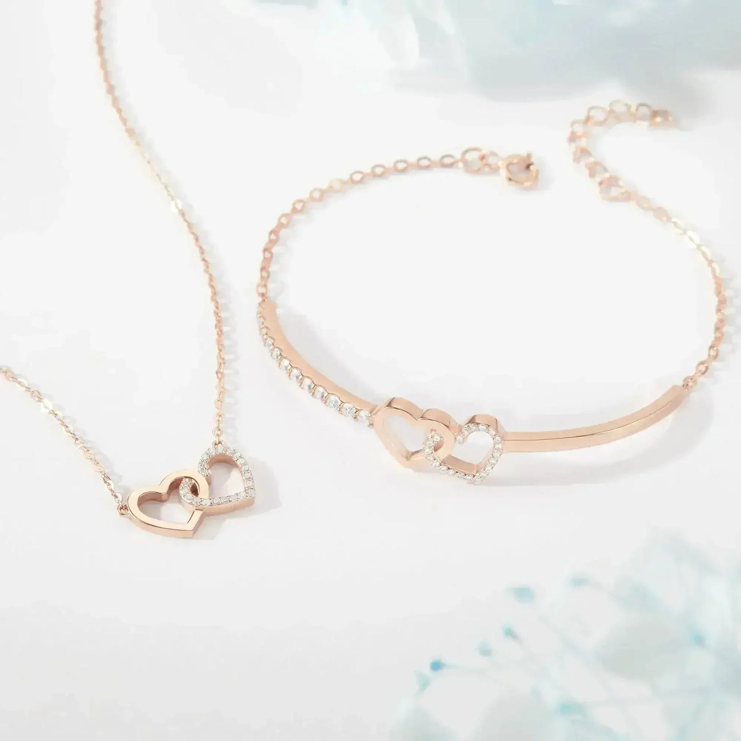 Double Heart Linked Necklace, Silver Heart Pendant Necklace, Stone