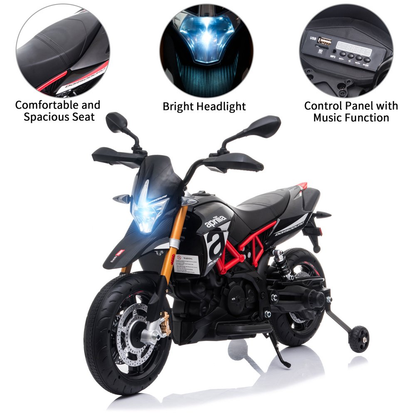 Kid's Electric Motorcycle with Training Wheels, LED Lights, and MP3 Player - Black (12V)