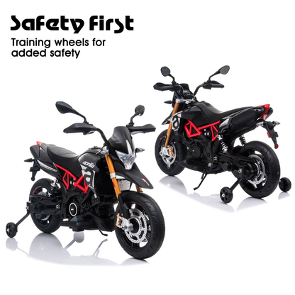Kid's Electric Motorcycle with Training Wheels, LED Lights, and MP3 Player - Black (12V)