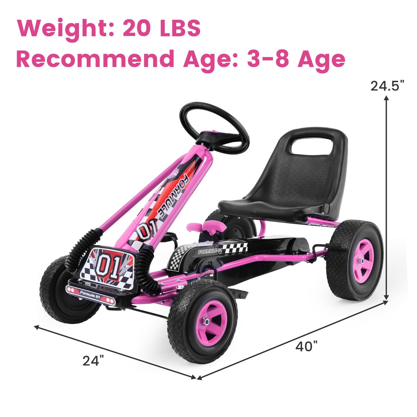 Kids' Pink Pedal-Powered Go Kart with Adjustable Seat - Honeyjoy 4-Wheel Ride-On Toy