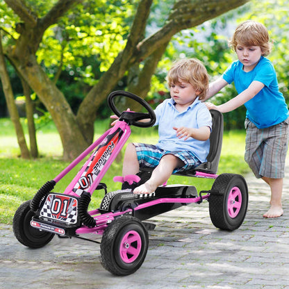 Kids' Pink Pedal-Powered Go Kart with Adjustable Seat - Honeyjoy 4-Wheel Ride-On Toy