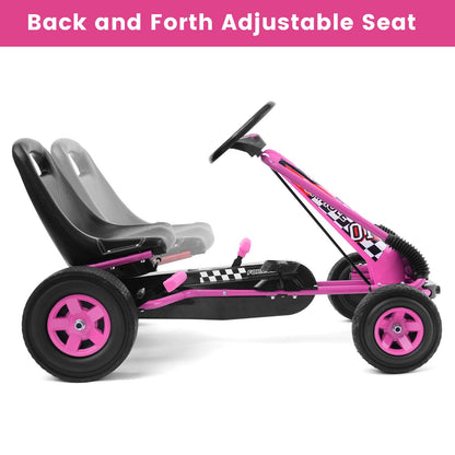 Kids' Pink Pedal-Powered Go Kart with Adjustable Seat - Honeyjoy 4-Wheel Ride-On Toy
