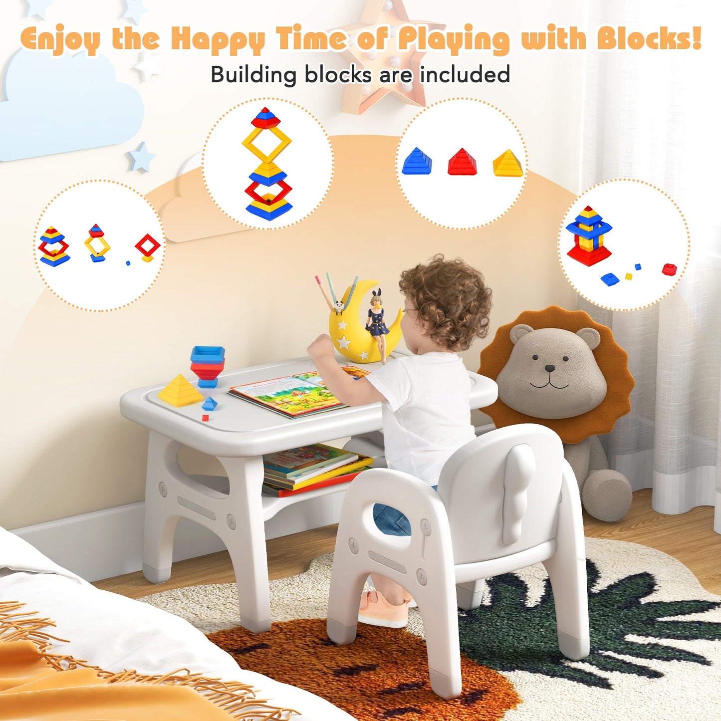 Kids Activity Table and Chair Set with Montessori Toys for Preschool and Kindergarten-Gray