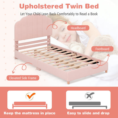 Twin Bed Frame with Height-Adjustable Headboard and Sturdy Wooden Slats-Pink