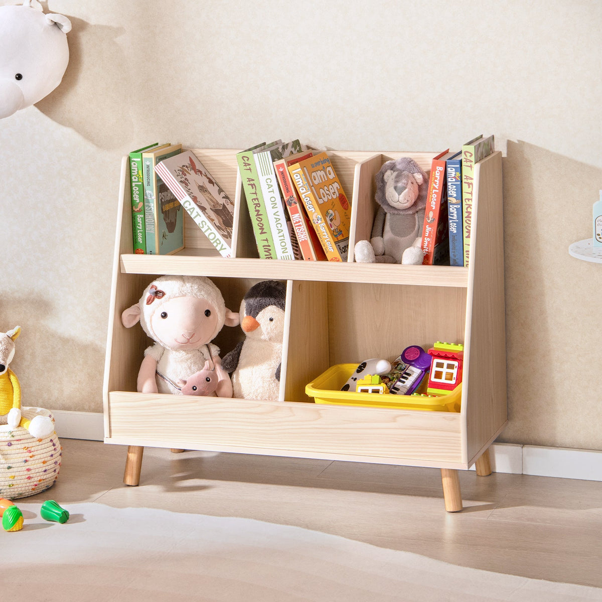 5-Cube Kids Bookshelf and Toy Organizer with Anti-Tipping Kits-Oak