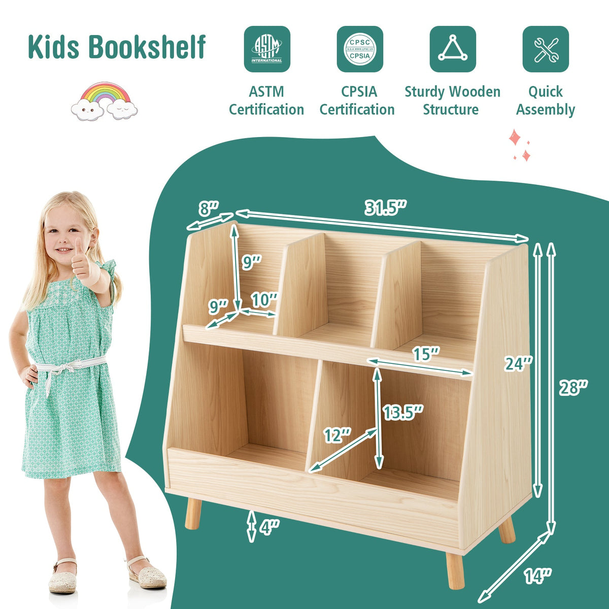 5-Cube Kids Bookshelf and Toy Organizer with Anti-Tipping Kits-Oak