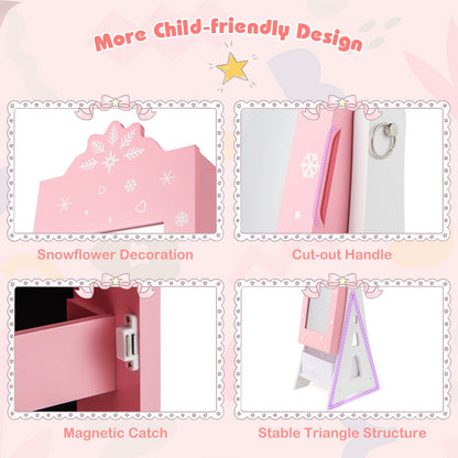 Kids Jewelry Cabinet with Full-Length Mirror and Foldable Drawer-Pink