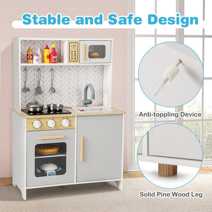 Kids Kitchen Playset with Lights Sounds Microwave Stoves Sink Oven and Cooking Accessories-White
