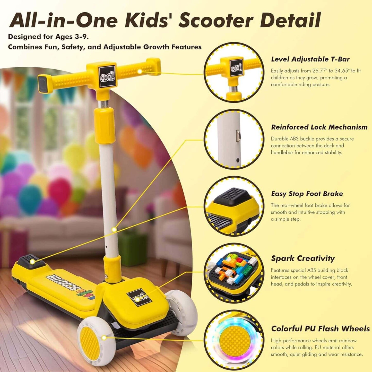 HIFINE Kids Ride On 3-Wheel Scooter W/Buildable Blocks, Aged 3-9, Yellow