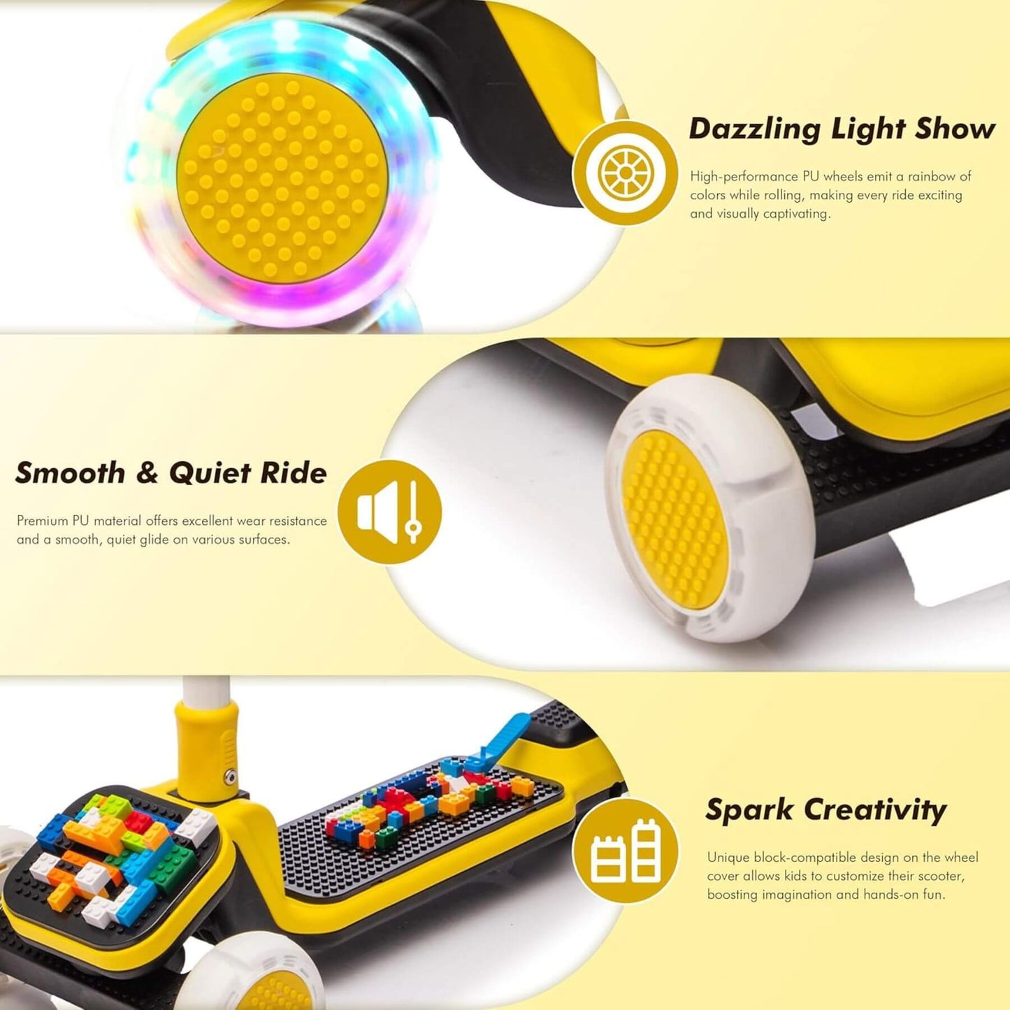 HIFINE Kids Ride On 3-Wheel Scooter W/Buildable Blocks, Aged 3-9, Yellow