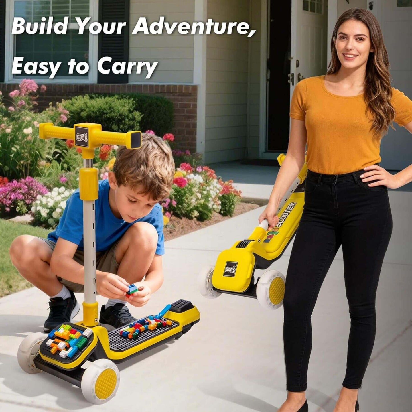 HIFINE Kids Ride On 3-Wheel Scooter W/Buildable Blocks, Aged 3-9, Yellow