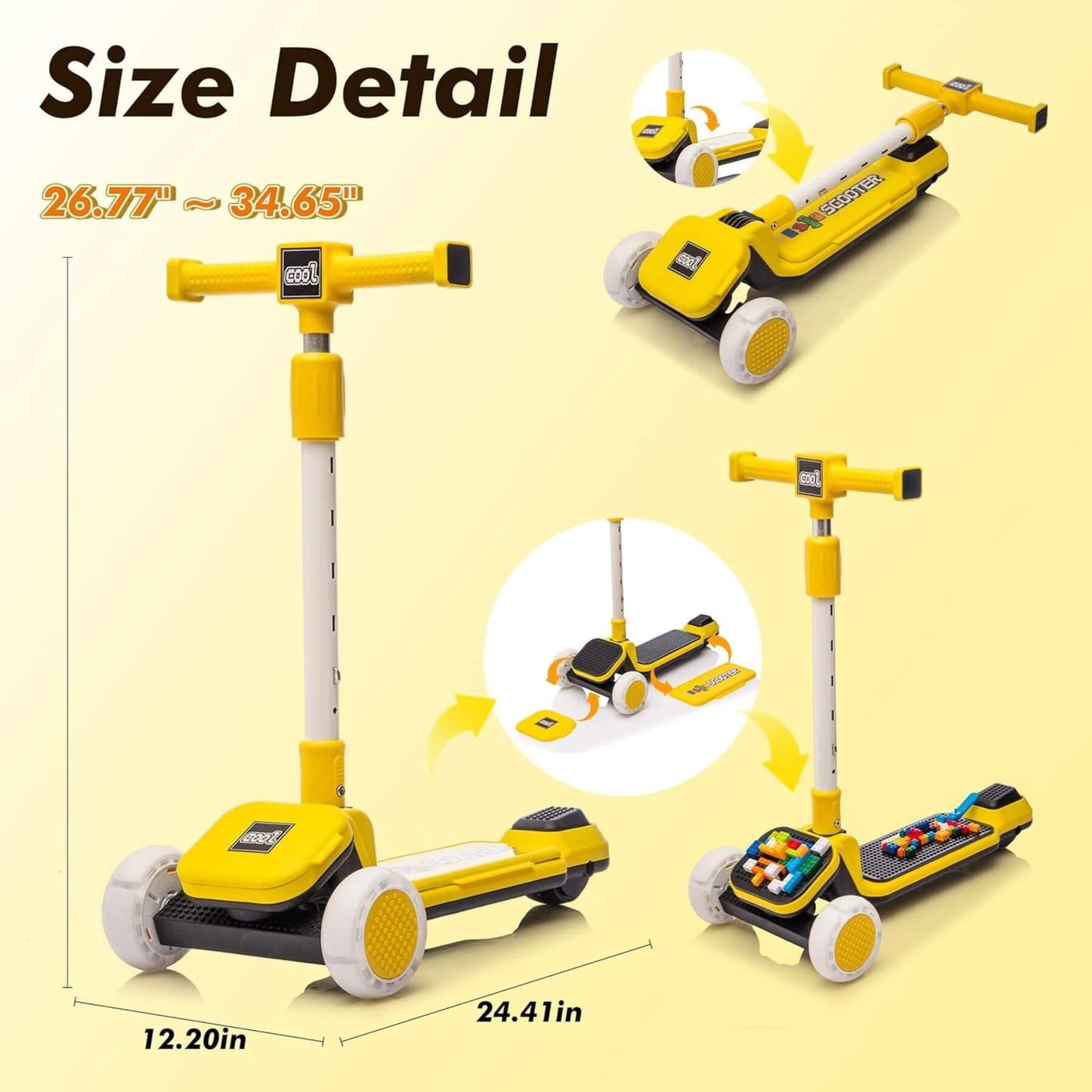 HIFINE Kids Ride On 3-Wheel Scooter W/Buildable Blocks, Aged 3-9, Yellow