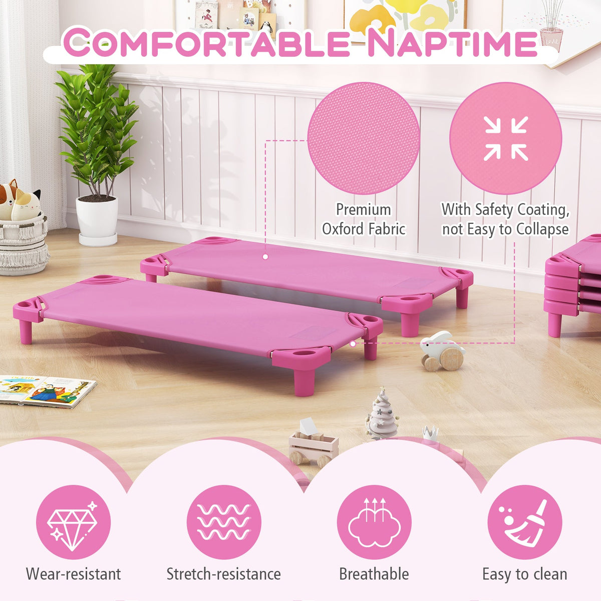 Kids Stackable Daycare Cot Pack of 6 with Detachable Oxford Cloth-Pink