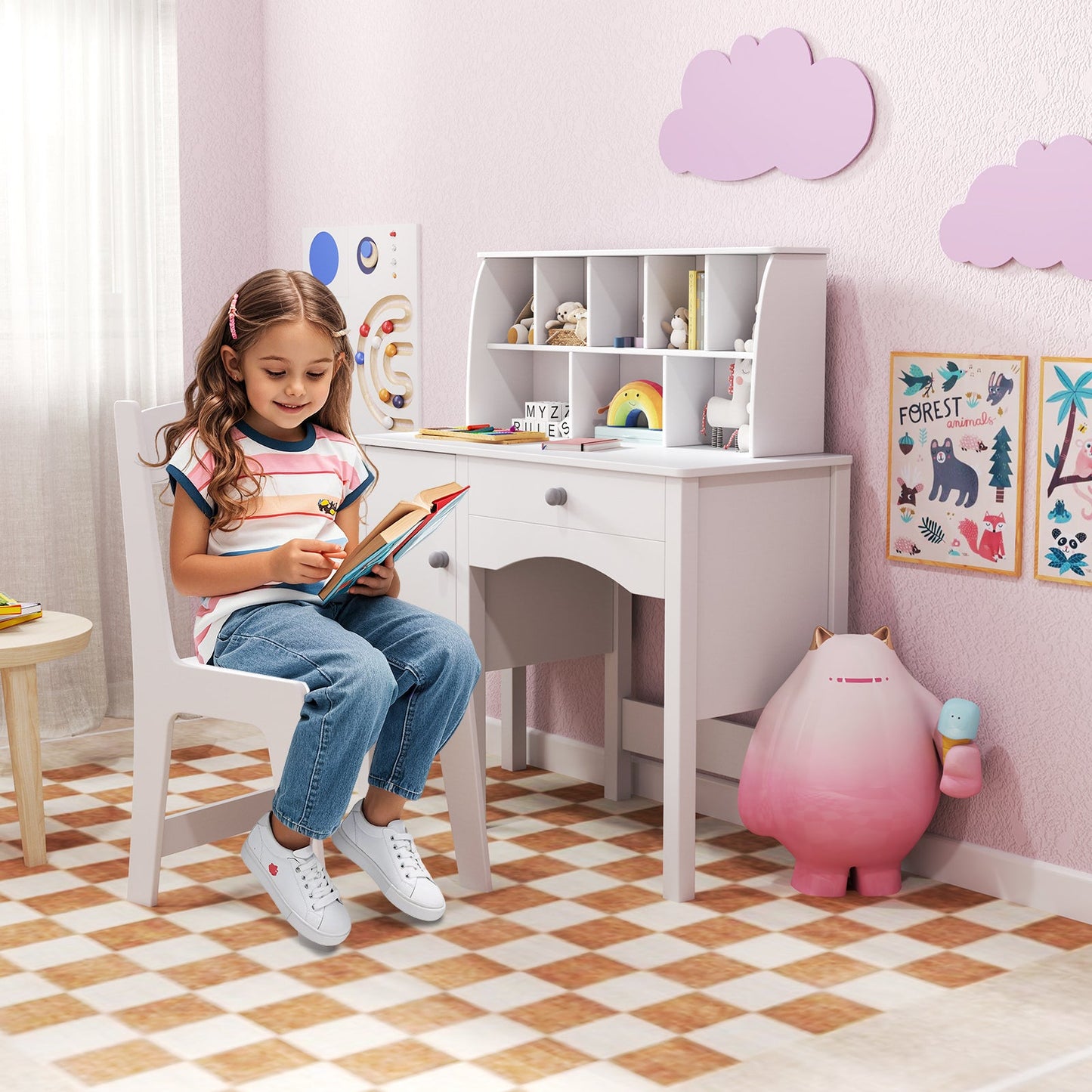 Kids Study Desk and Chair Set with Chair Hutch and Storage Cabinet for 3+ Years Old-White