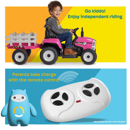 Kidzone 12V Electric Tractor with Trailer Ride-On Toy, Dual Speeds