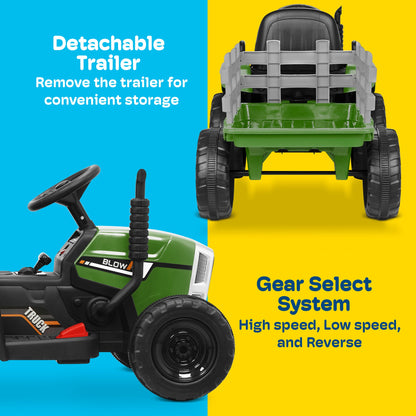 Kidzone 12V Electric Tractor with Trailer Ride-On Toy, Dual Speeds