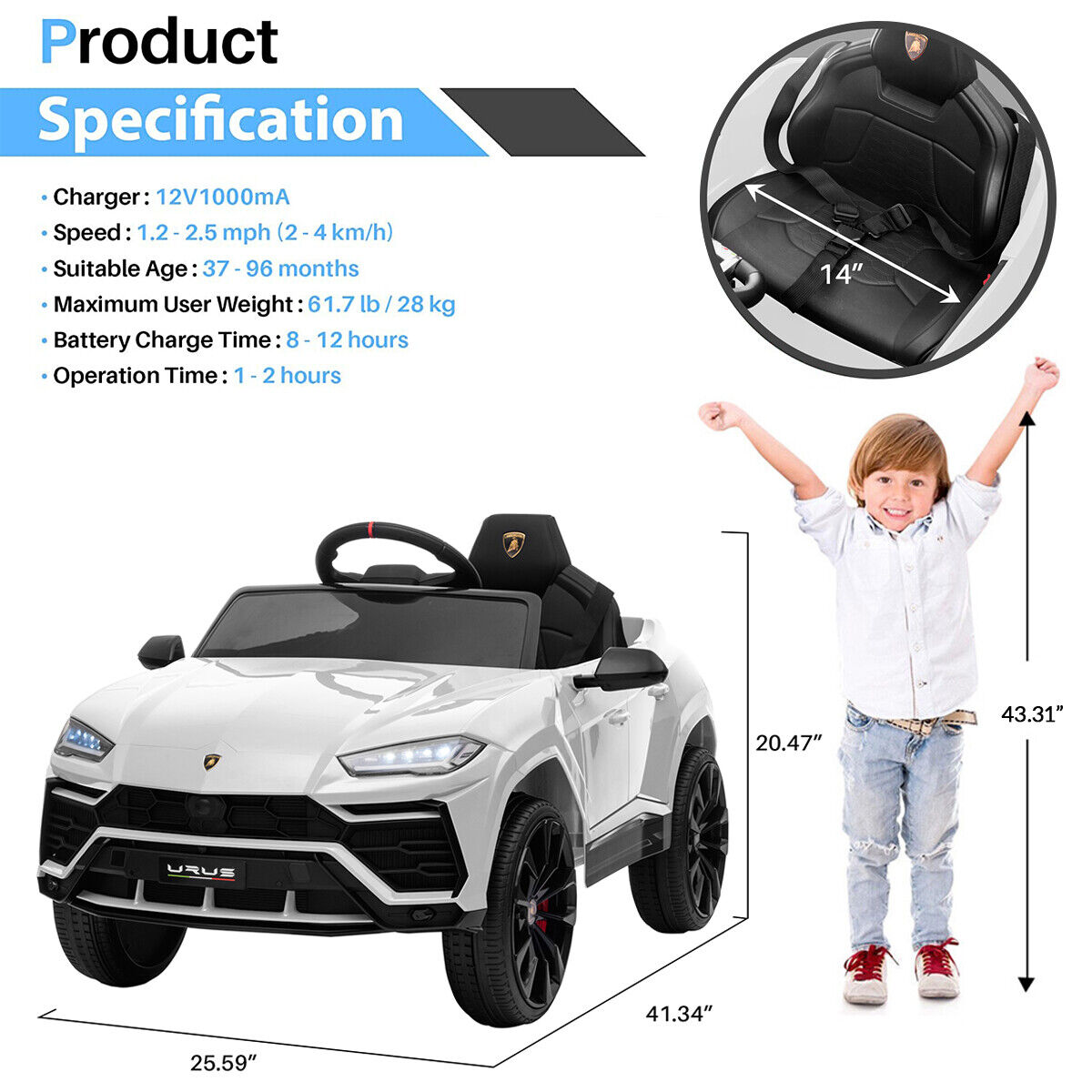 Kimbosmart 12V Licensed Lamborghini Urus Kids Ride On Car with Remote Control - A Thrilling Toy for Young Drivers
