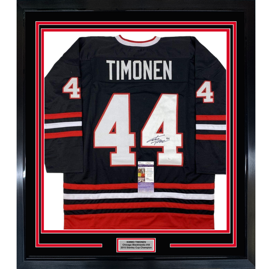 Framed Autographed/Signed Kimmo Timonen 35x39 Chicago Black Hockey Jersey JSA COA