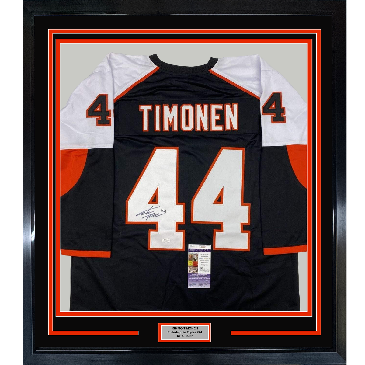 Framed Autographed/Signed Kimmo Timonen 35x39 Philadelphia Black Hockey Jersey JSA COA