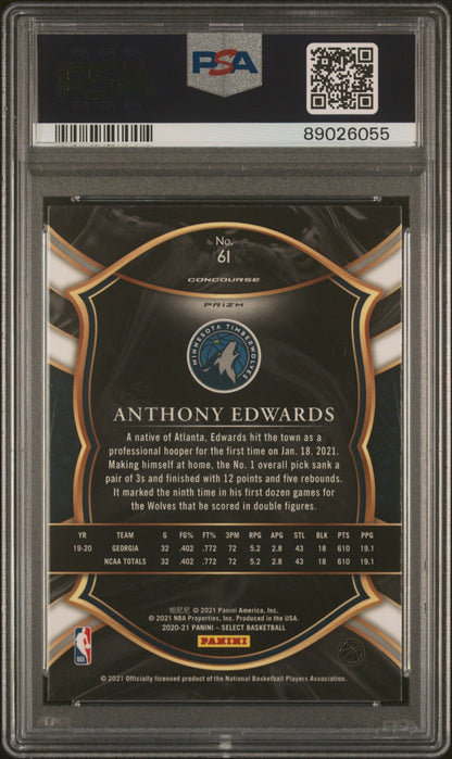 Graded 2020-21 Panini Select Anthony Edwards #61 Blue Prizm Rookie RC Basketball Card PSA 10 Gem Mint